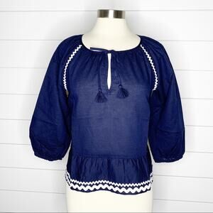 J.Crew Linen Ruffle Rickrack Trim Peasant Top Navy White XS